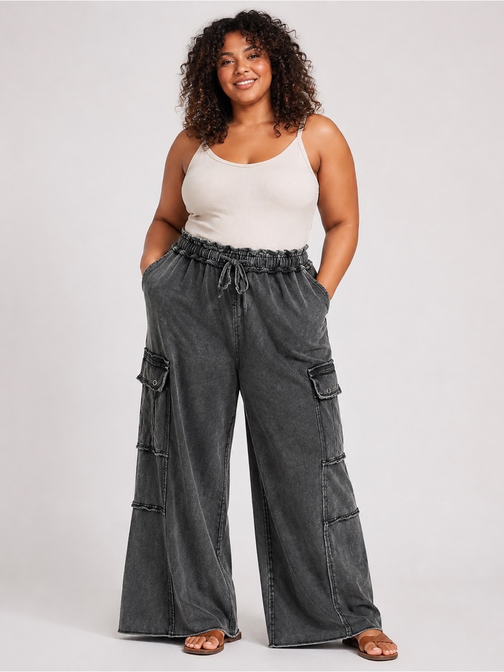 Easel Los Angeles 2X Charcoal Mineral Wash Wide Leg Cargo Pants Boho